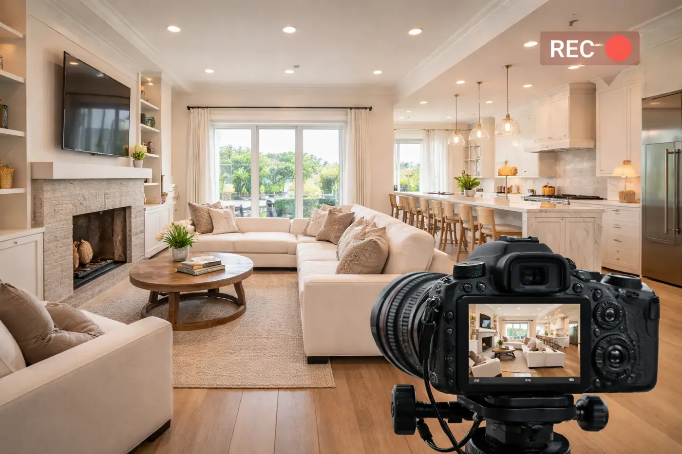 Camera set up in a staged living room during a listing shoot