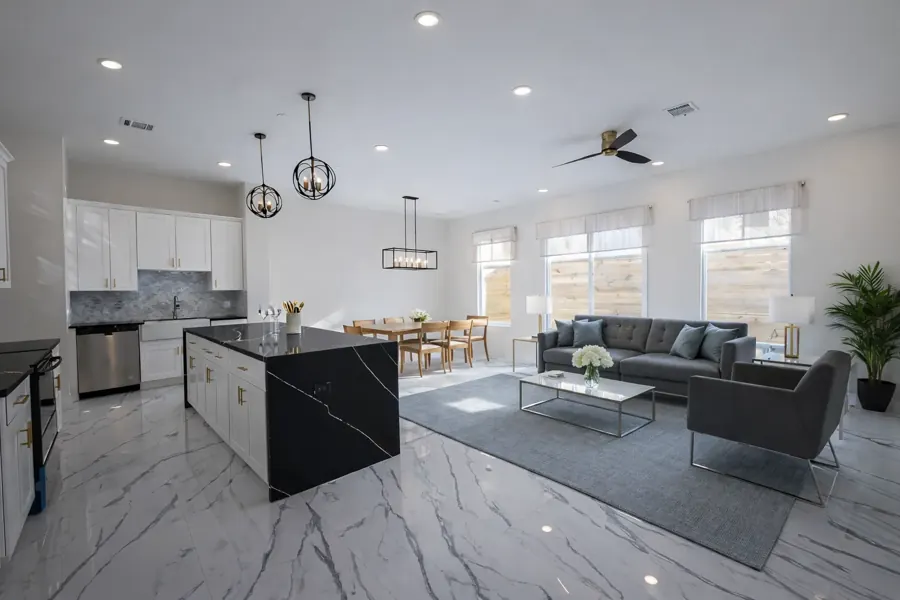 Virtually staged open-concept living space